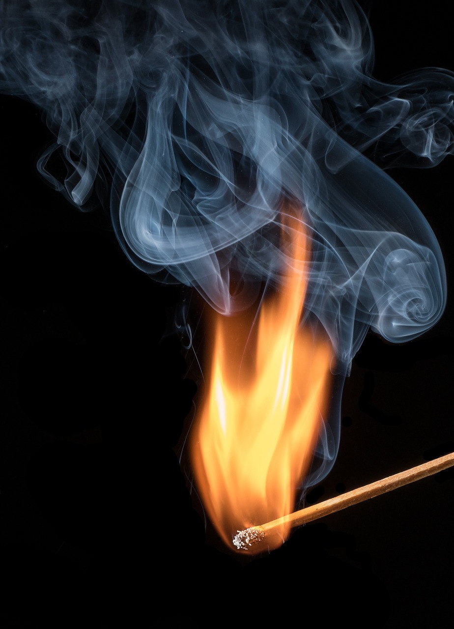 matchstick, flame, smoke