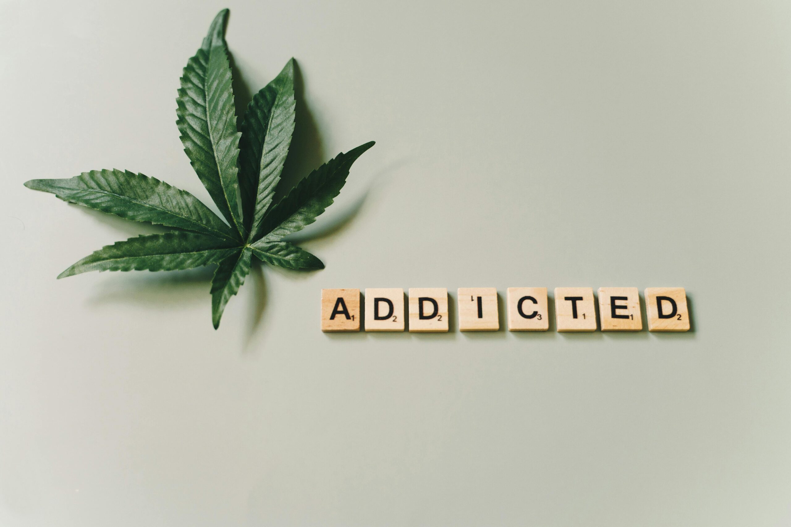 A cannabis leaf and wooden letter tiles spelling 'addicted' on a green surface.